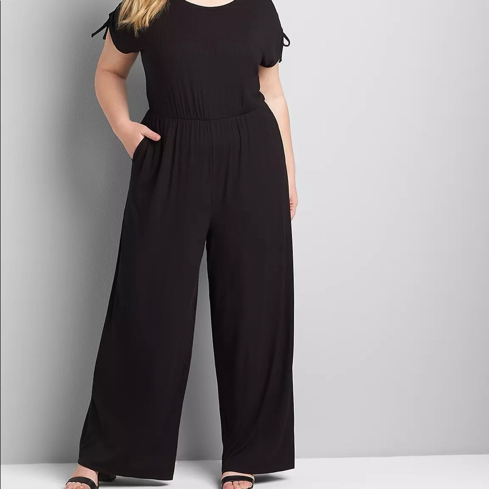 Lane Bryant V neck  black ruched sleeve jumpsuit. Size 18/20